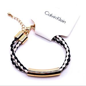 Calvin Klein Black and White Woven Leather Bracelet with Good Toned Hardware